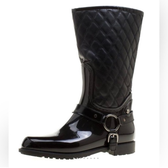 Stuart Weitzman Black Leather & Rubber Stirrup Rain Boots Size 39 (Size 8.5) - Picture 8 of 16